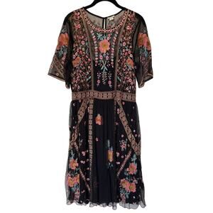 Sundance Roxanna Embroidered Mesh Dress Boho Fall Wedding Cocktail Dress size L